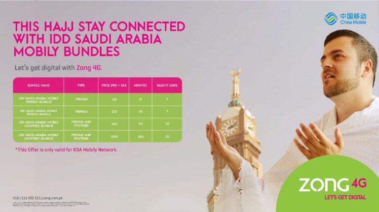 ZONG 4G Empowers International Callers During Hajj with IDD Saudi Arabia Mobily Bundles