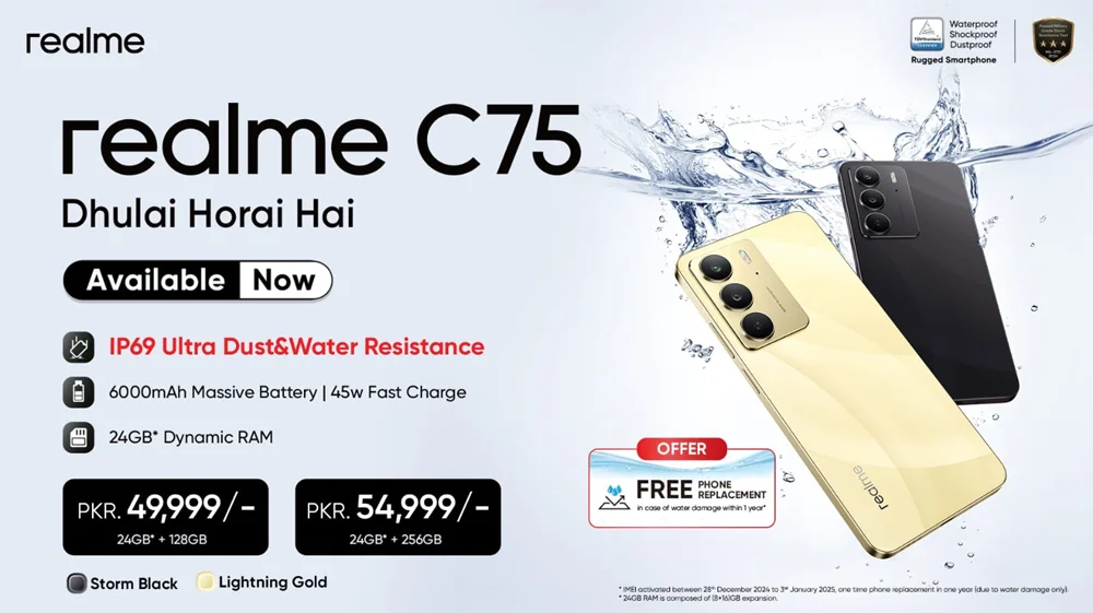 realme C75, the Best Waterproof Smartphone with Industry-first Water Damage Warranty Now Available in Pakistan